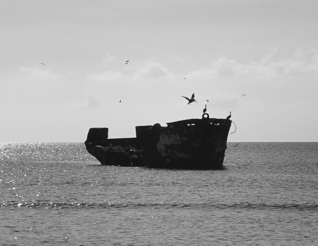 Black-and-white photo of a shipwreck sitting in the sea north of Palm Beach, Aruba