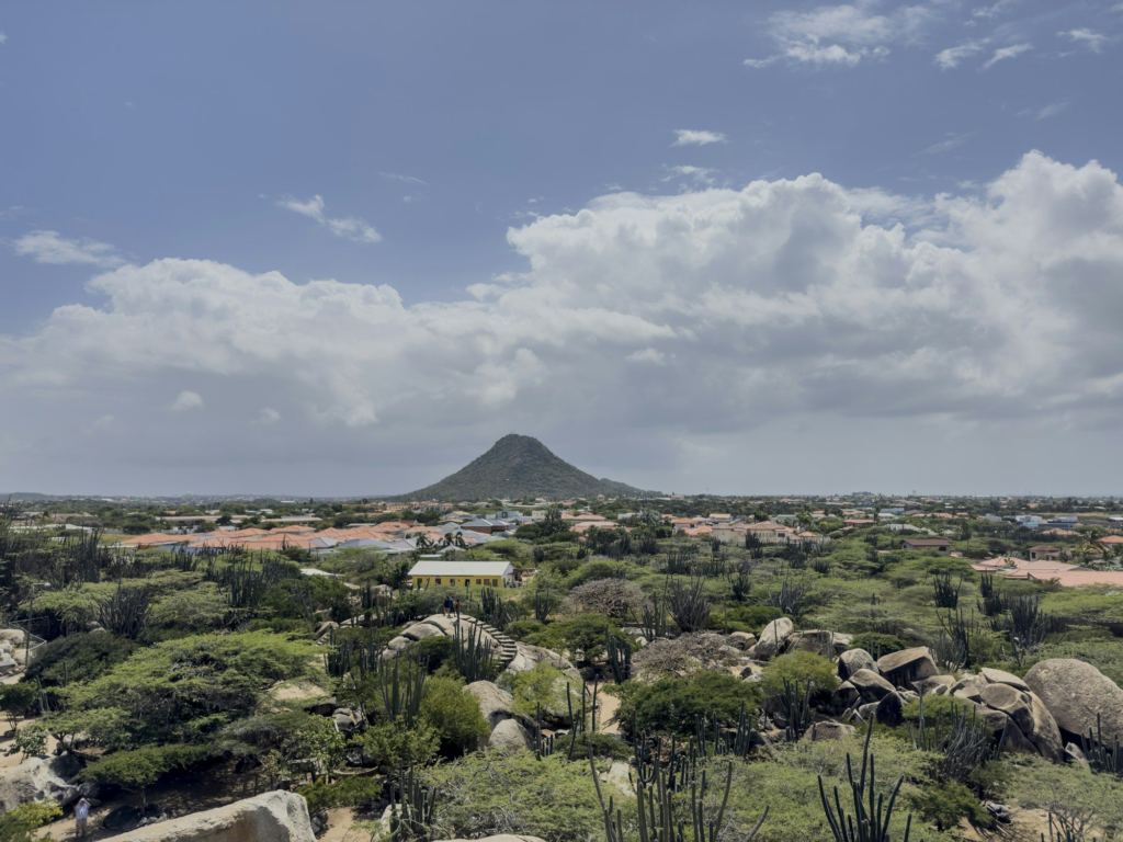 Rocky desert landscape with cacti and a distant peak in Aruba