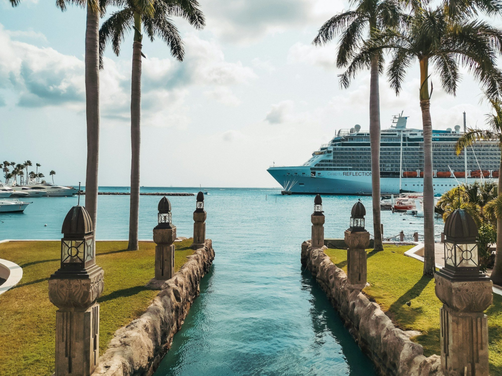 Cruise ship near palm trees in Oranjestad harbor, Aruba