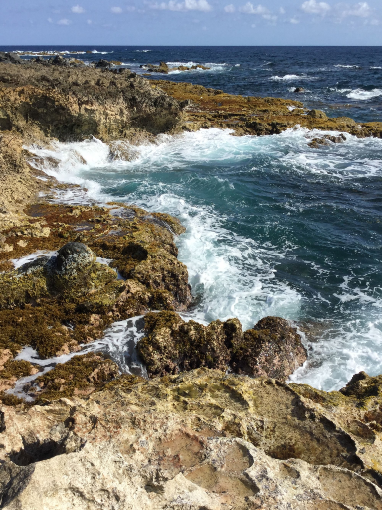 Waves crashing against a rocky coastline in Oranjestad, Aruba