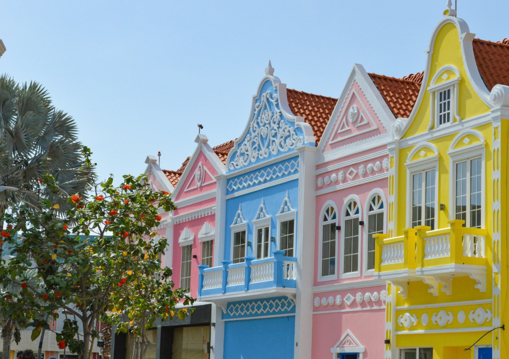 Colorful Dutch-style buildings along a street in downtown Oranjestad, Aruba