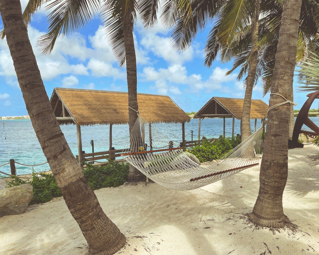 Beach huts and palm trees on Flamingo Beach, Renaissance Island, Aruba