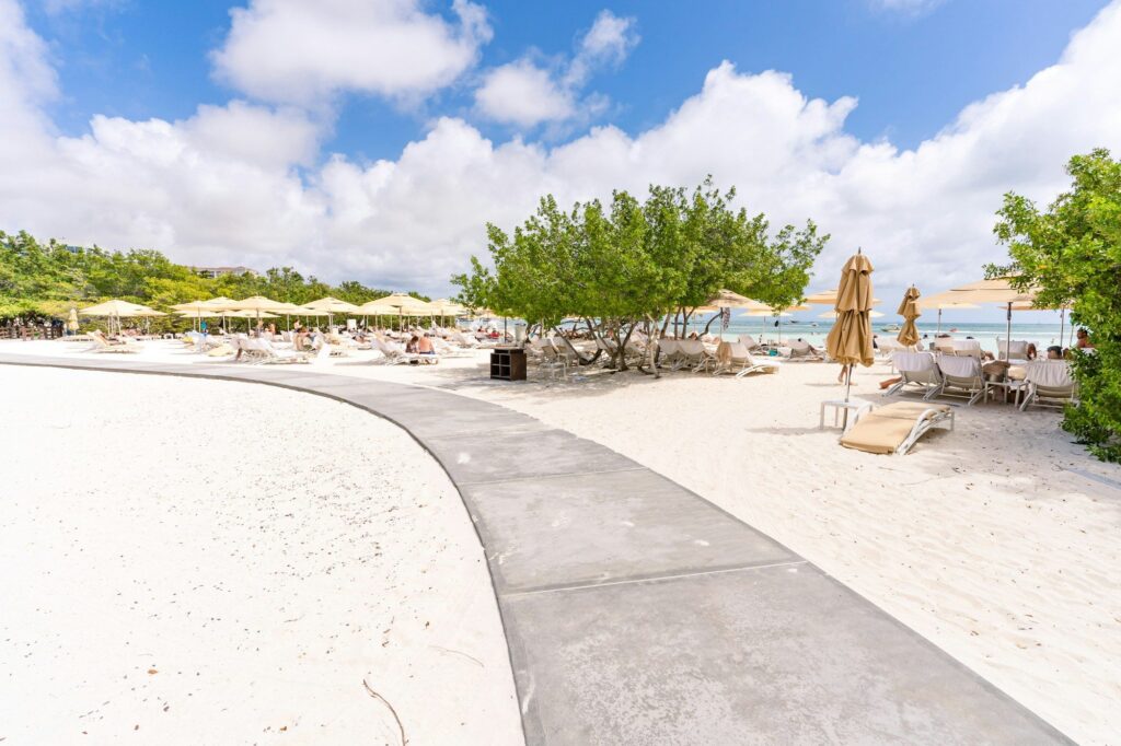 Palm Beach Aruba with white sand, umbrellas and resort greenery