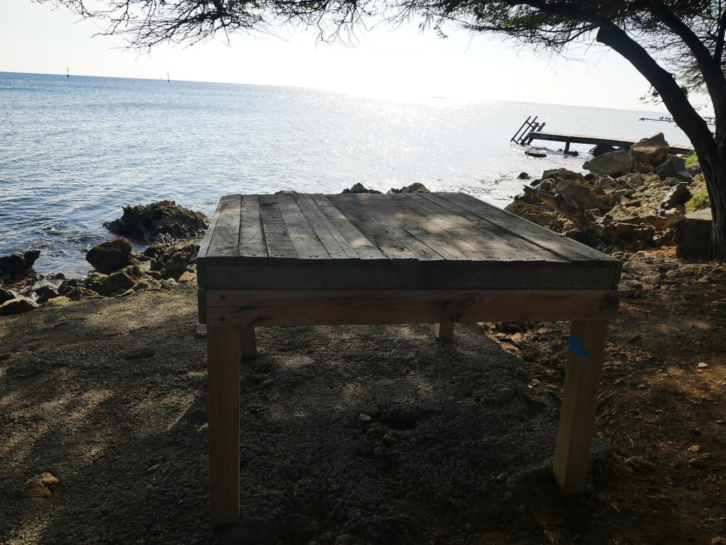 A wooden fish-cleaning table on the shore in Savaneta, Aruba